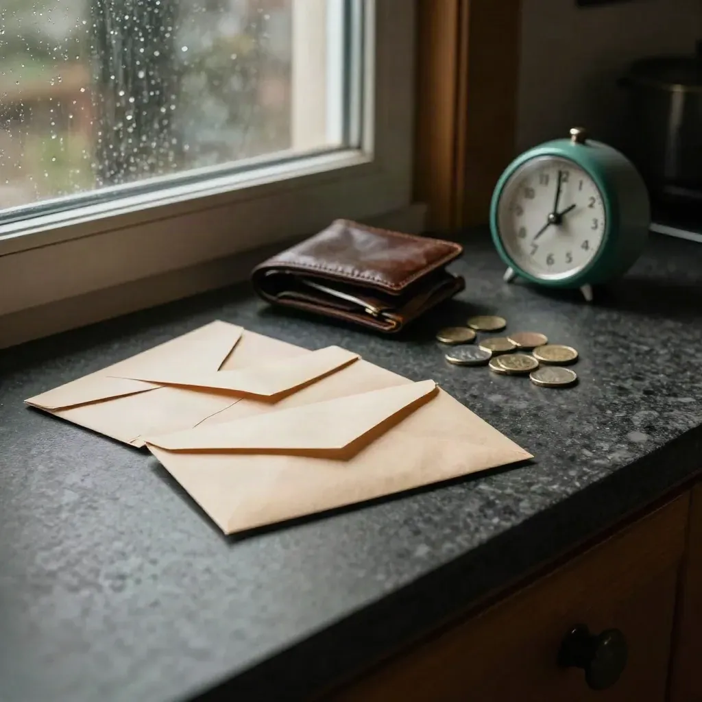 Sobres, cartera vacía, monedas y cronómetro sobre encimera junto a una ventana con lluvia.