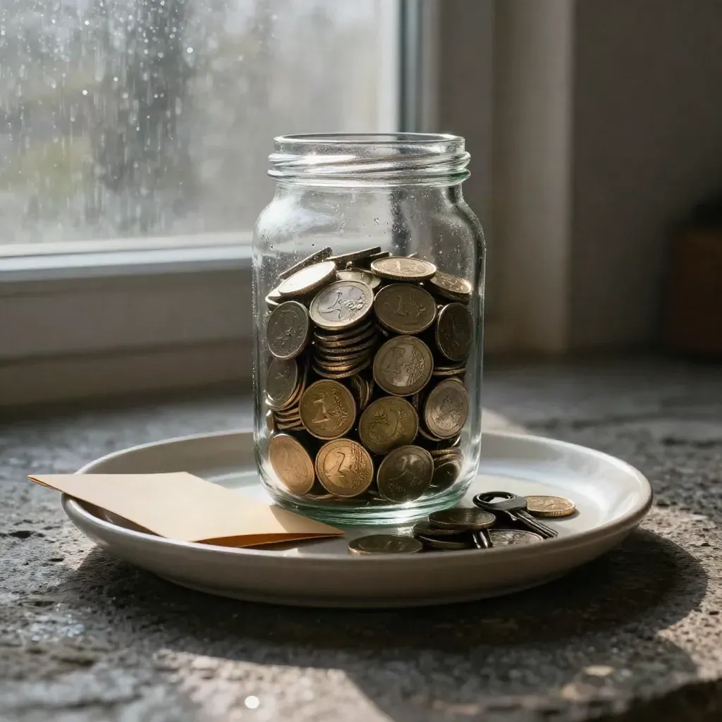 Tarro de cristal con monedas de euro sobre piedra, con sobre y carpeta en luz de amanecer.