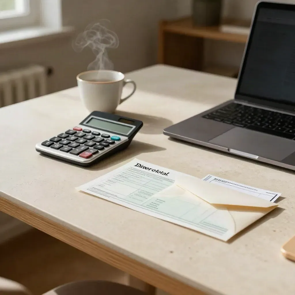 Calculadora apagada, taza de porcelana y portátil cerrado sobre una mesa crema en una escena financiera.