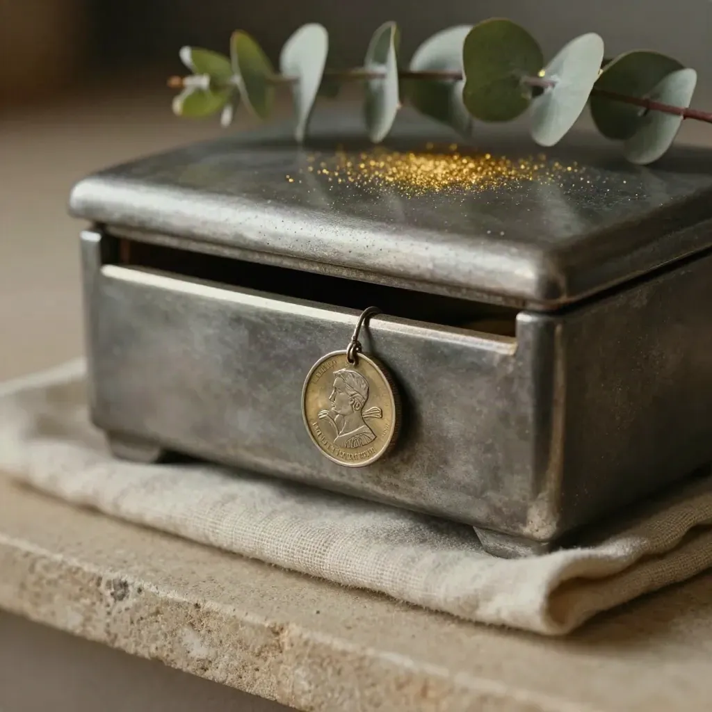 Cofre metálico mate con una moneda a medio entrar, rama de eucalipto y lino sobre piedra.