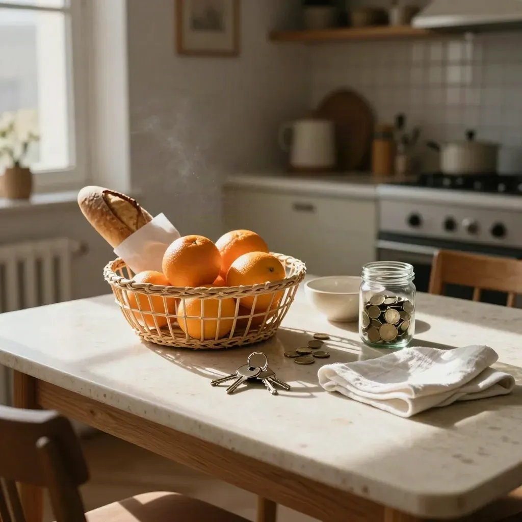 Desayuno en cocina madrileña con cesta, llaves, cuenco de fruta y tarro de monedas sobre travertino.