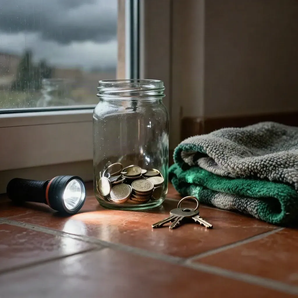Tarro con pocas monedas, linterna apagada, llaves y manta doblada junto a una ventana tormentosa.