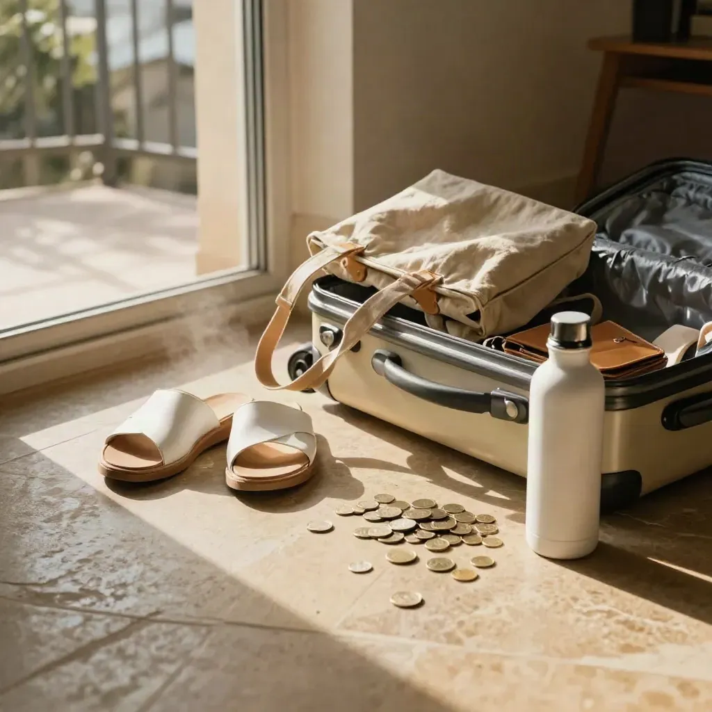 Maleta abierta en el suelo con cartera vacía, chanclas, bolsa de lino, agua y monedas.