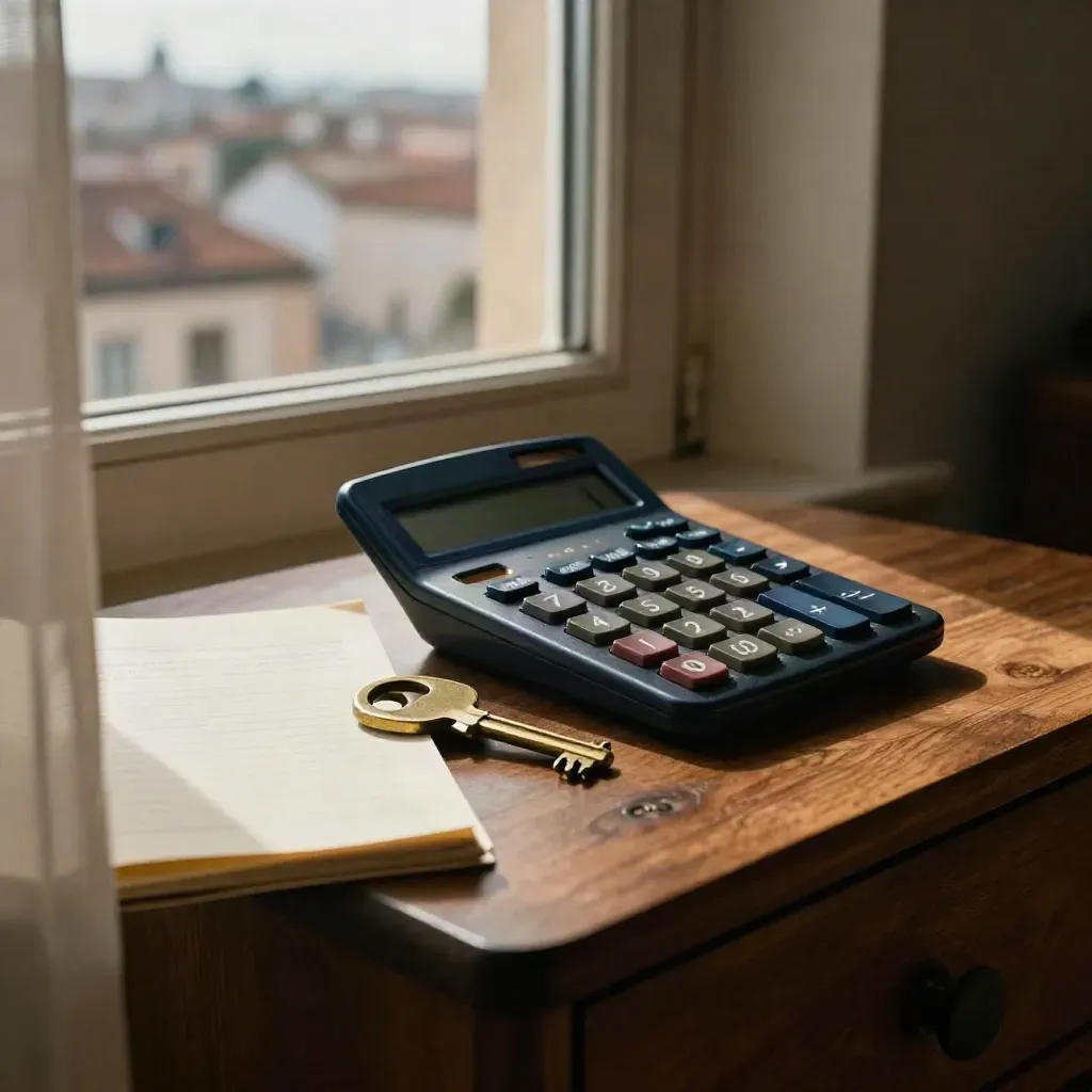 Calculadora y llave sobre una mesa junto a una ventana con Madrid al fondo y luz cálida.
