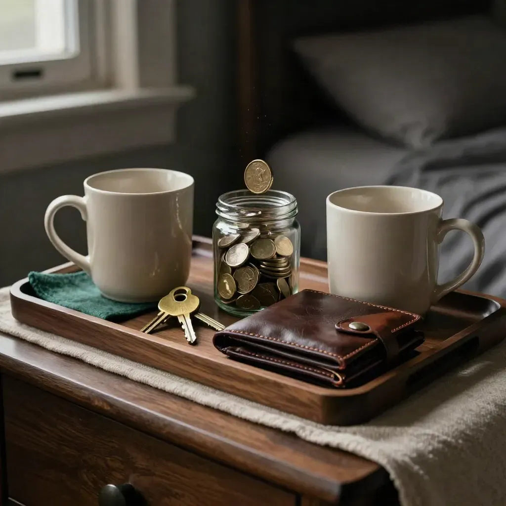 Dos tazas, llaves, un tarro de monedas y dos carteras ordenados junto a la cama.